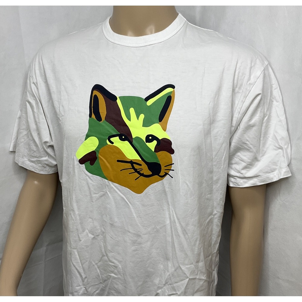 Maison Kitsune Shirt Men Sz S Oversized Neon Print FOX Crewneck Short Sleeve